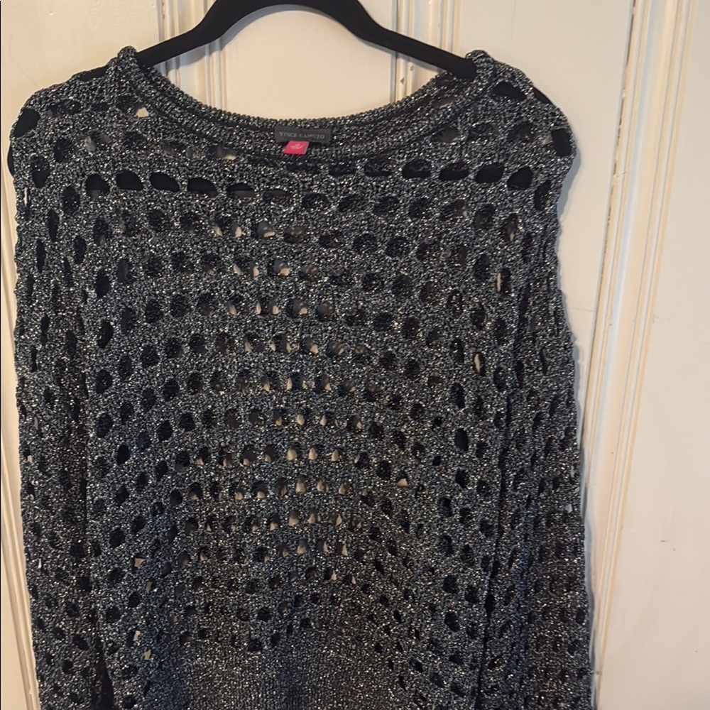 Vince Camuto Black Crew Neck Sweater with Open-Knit Design